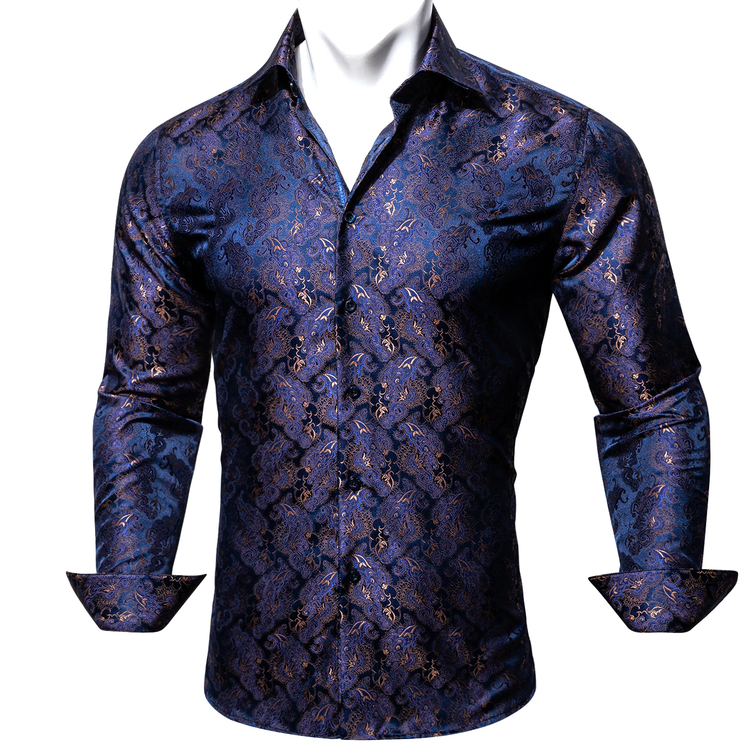 Novelty Dark Blue Men Silk Shirt Paisley Long Sleeve Lapel Shirt Fashion Casual Fit Set Party Wedding Business Male Barry.Wang