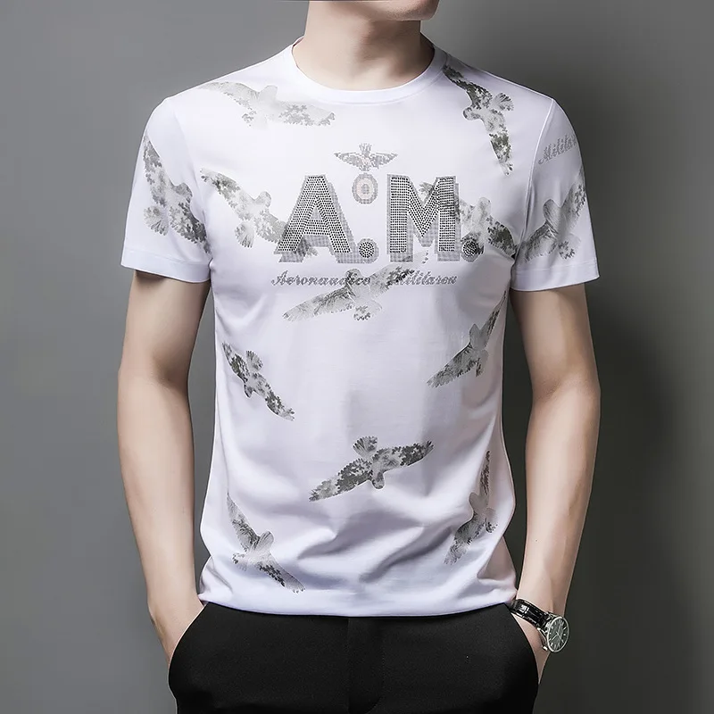 

Korean Men's Summer Men's T-Shirts Short Sleeves Round Neck Large T-Shirts Mercerized Cotton Hot Drills