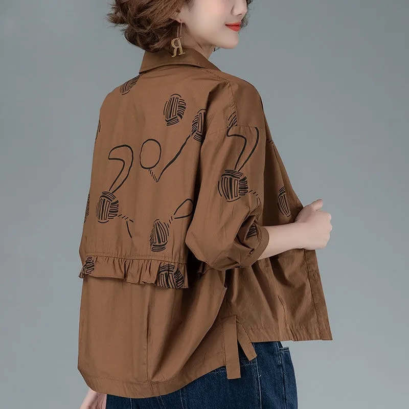 

2022 Spring Autumn New Fashion Women 3/4 Sleeve Loose Short Coats All-matched Casual Cotton Print Single Breasted Jackets C600