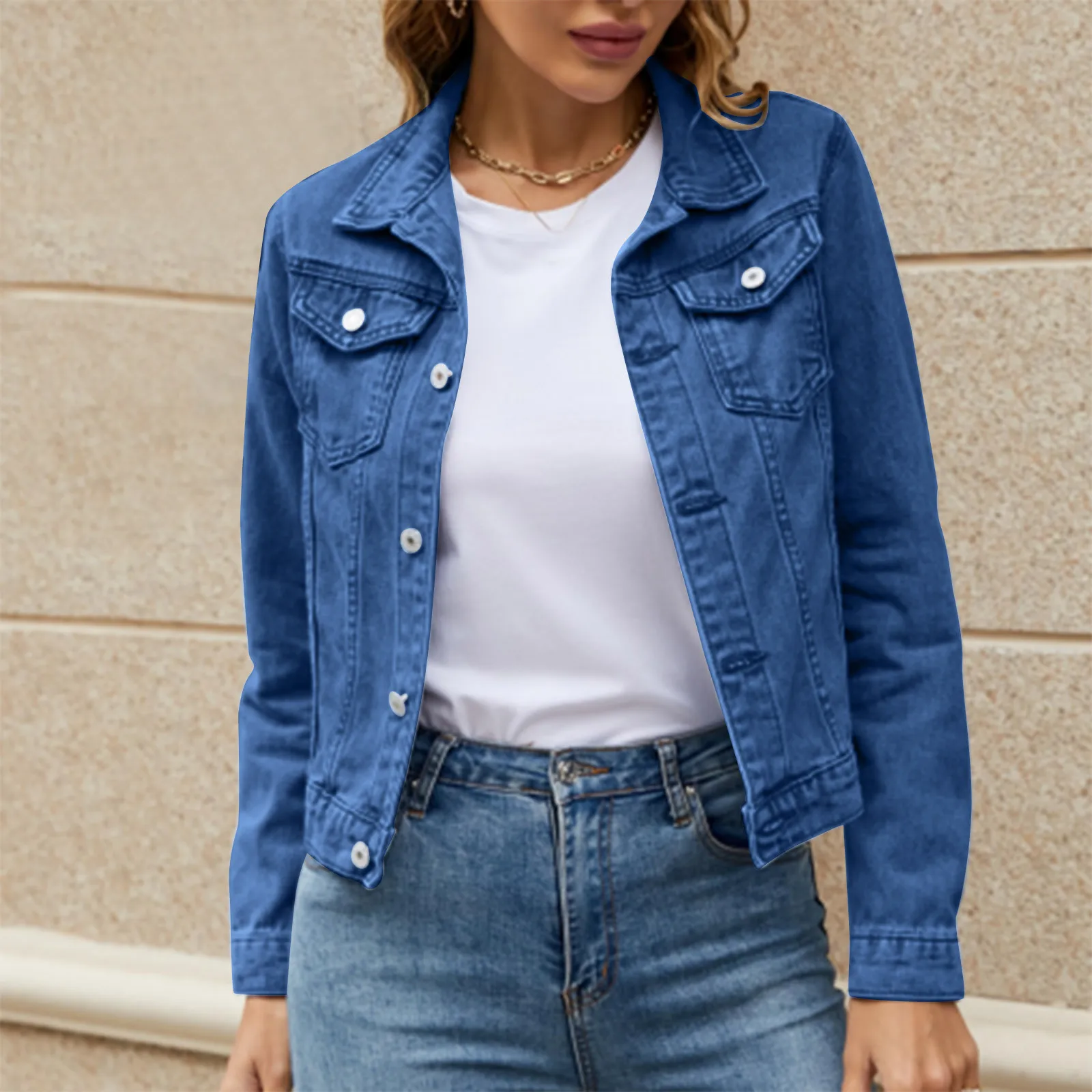 

Women's Fashion Casual Long Sleeve Lapel Solid Color Button Denim Jackets Chest Pocket Slim Fall Winter Coat