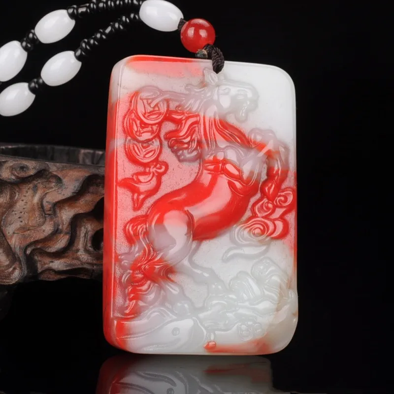

Xinjiang Gobi Jade Chicken Blood Jade Zodiac Horse Pendant Necklace for Men and Women, Money Clothe Chain At Once
