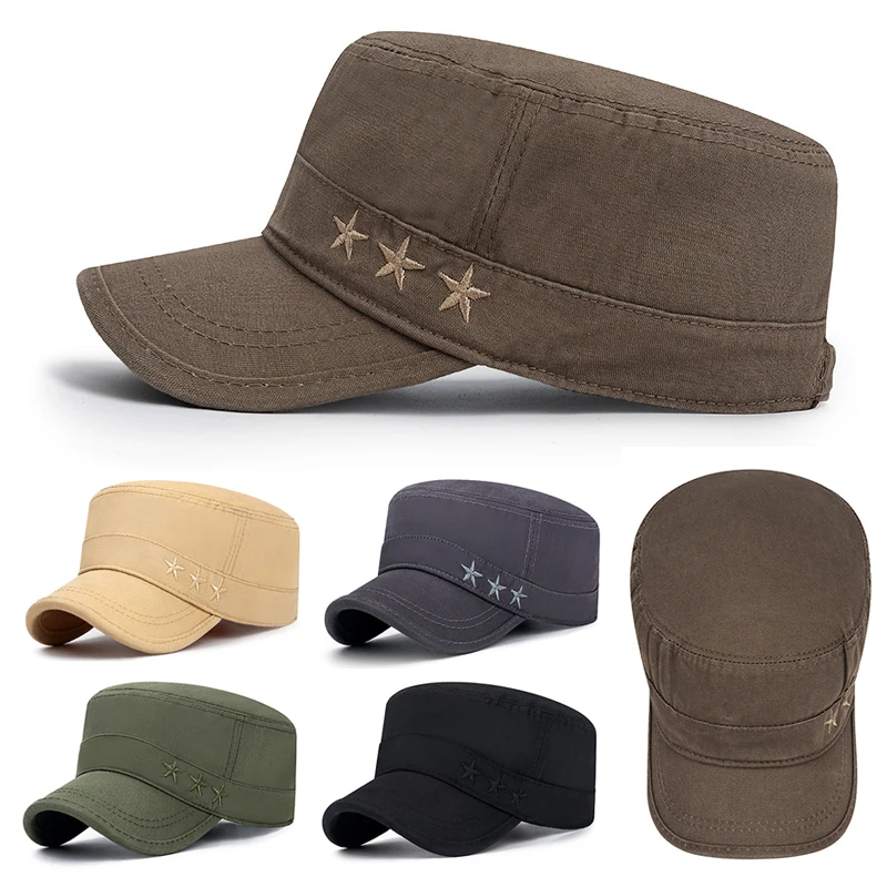 

Washed Cotton Military Caps Men Cadet Army Cap Unique Design Vintage Flat Top Hat Denim Baseball Cap Summer Sun Cap