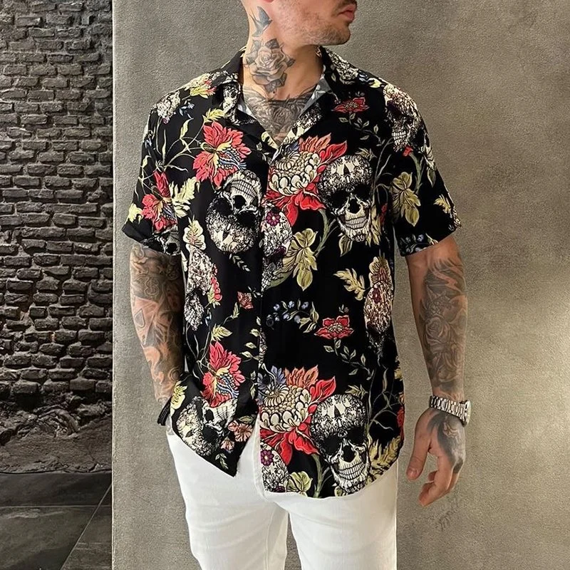 

2022 Summer Skull Print Hawaiian Casual Shirt Street Wear Men's Cardigan High-end Short-Sleeved Party Shirt S-3XL