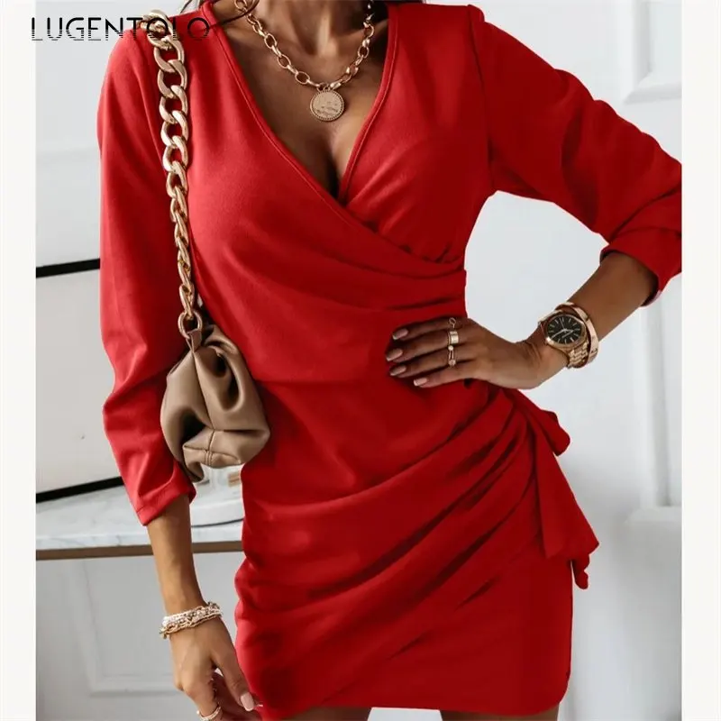 

Lugentolo Women Sexy V-neck Dress Long Sleeve Solid Thin Spring Summe Simple Fashion Female Elegant Mini Pencil Dress