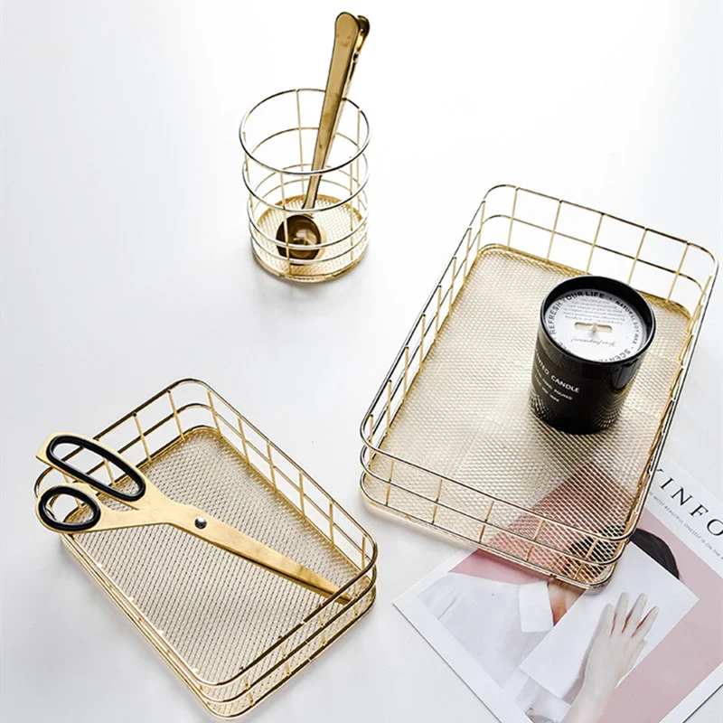 

Nordic Gold Metal Iron Makeup Pen Storage Basket Office Desktop Sundries Makeup Brushes Holder Table Cosmetics Organizer Rack