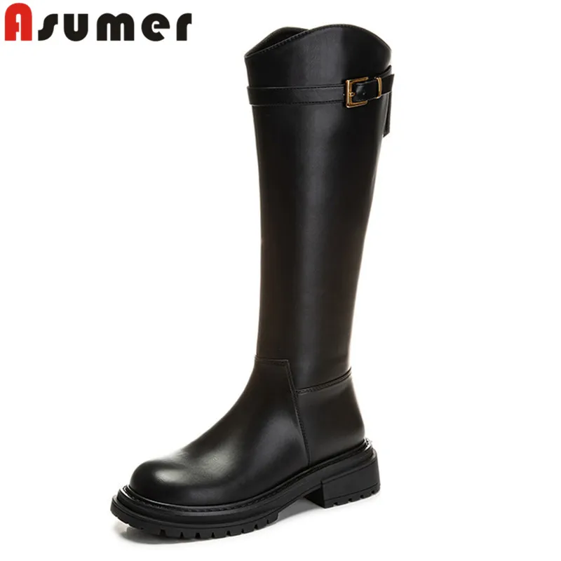

ASUMER 2023 New Size 35-40 Microfiber Zipper Winter Boots Woman Square Med Heels Shoes Fashion Ladies Knee High Boots