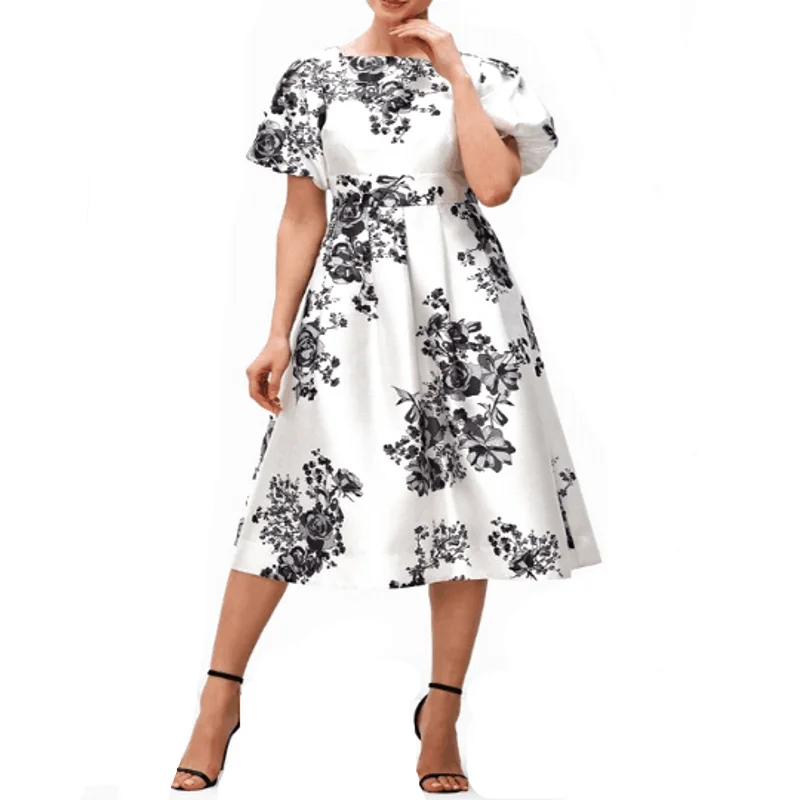 

African A Line Dress Women Puff Sleeve High Waist Big Swing Gown Fashion New Floral Print Traditional Robes African Party Dress