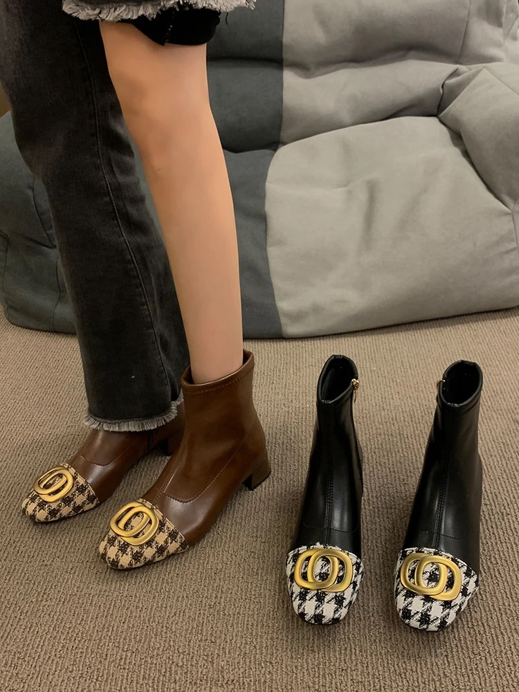 

Ботинки женские короткие на толстом каблуке, с квадратным носком, на молнии, плюшевые, на высоком каблуке, Осень-зима 2022