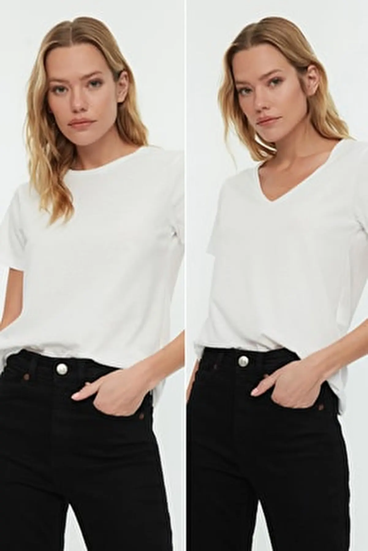 

White V-Neck and Bicycle Collar 2 Basic Knitting Tshirt 0143 T-shirts Blouse women's Summer Tops Tops