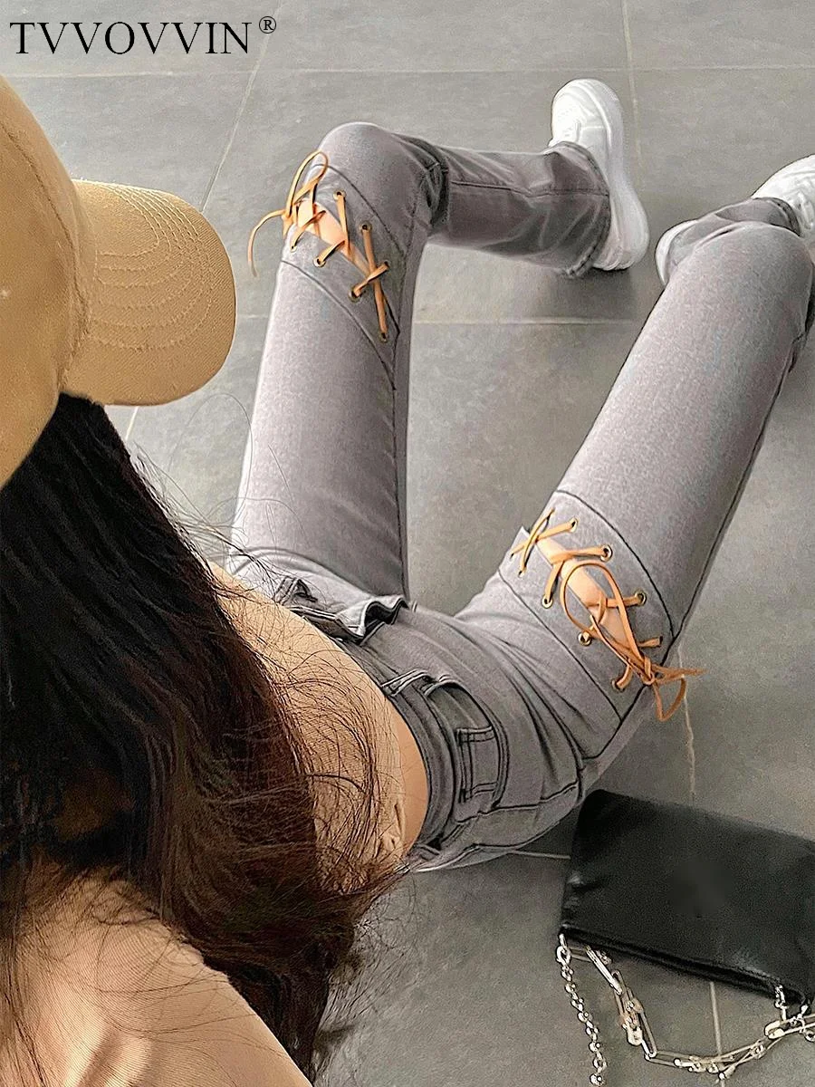 

TVVOVVIN hot girls fashionable high waist TIGHT SKINNY bandage hollowed out leg long micro pull jeans pants trousers JR05