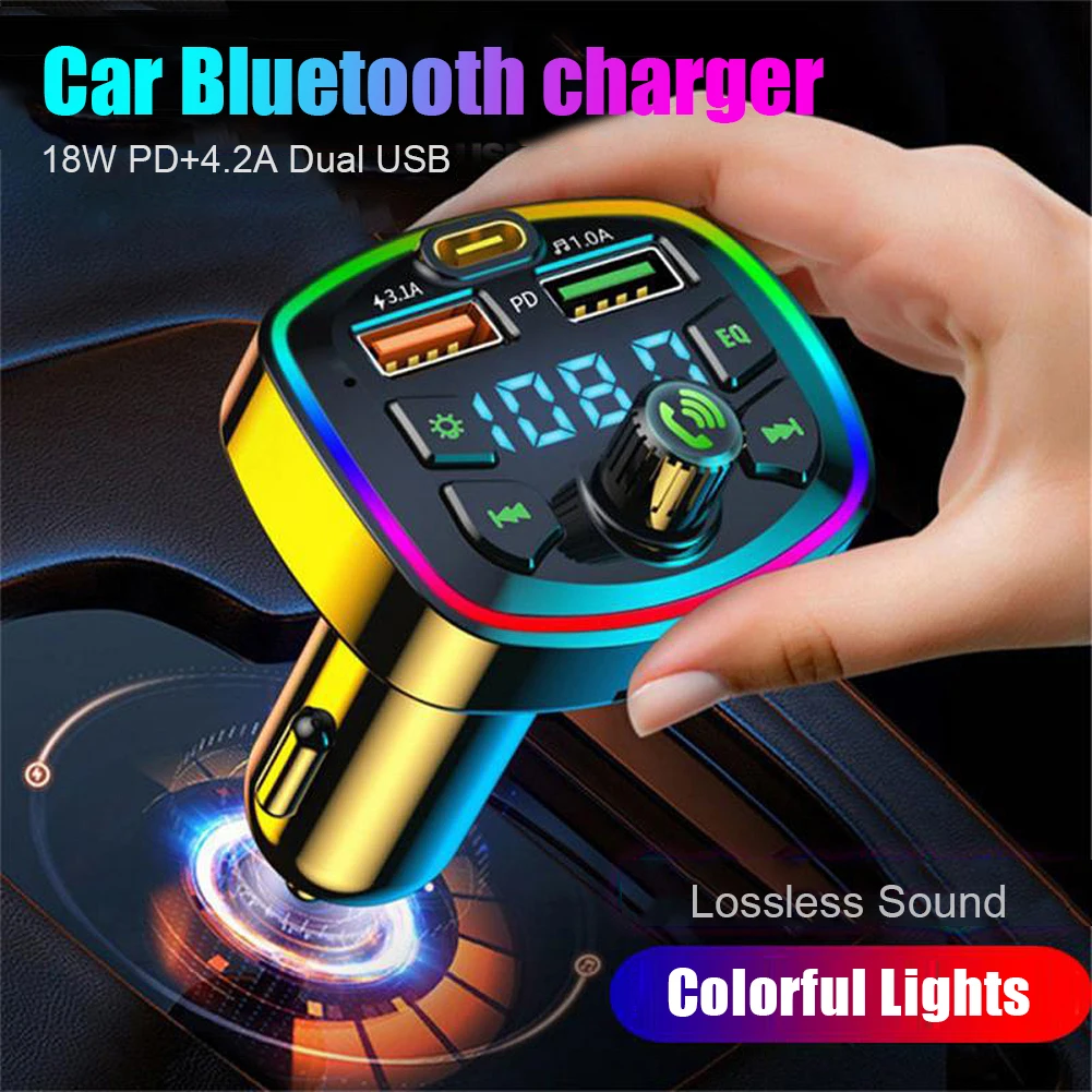 Trasmettitore FM Bluetooth 5.0 per auto PD 18W Type-C Dual USB 4.2A caricabatterie rapido LED retroilluminato atmosfera luce lettore MP3 musica Lossless