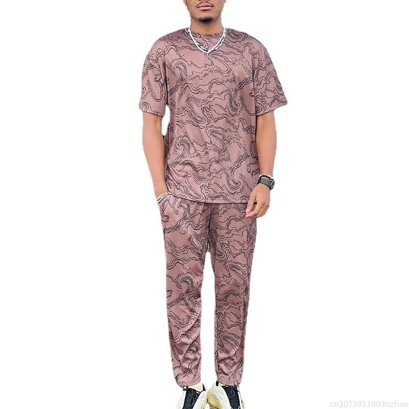 New Men's Street Printed Short Sleeved T-shirt Pants Trend Summer Casual Suit Men's Two-piece Suit Men's Clothing