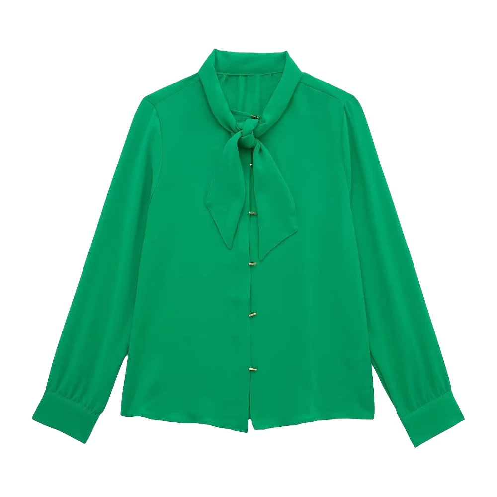 

Женская Осенняя новая золотистая рубашка с бантом, повседневная элегантная однотонная модная женская шикарная блузка в стиле ретро с длинн...