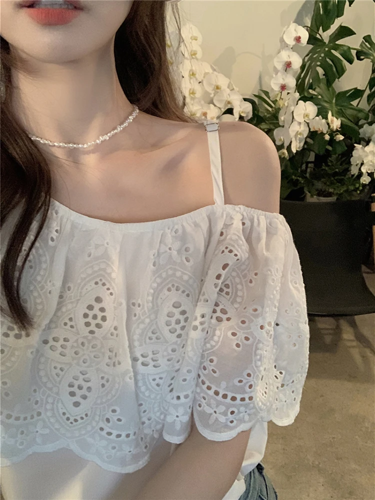 Модная женская белая рубашка 2024 Летняя Одежда Новая Элегантная кружевная блузка