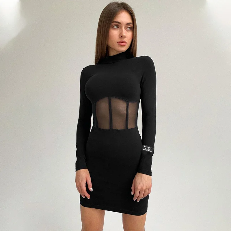 

European and American Mesh Stitching Waist-Baring Dress Women's Early Spring New Slim Fit Slimming High Waist Sexy Black Hip Ski
