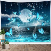 ocean small full moon psychedelic teal butterfly tapestry starry night sky moon and stars tapestries bedroom room wall hanging
