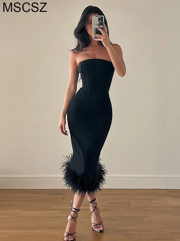 2022 Women Elegant Black Party Dresses Strapless Backless Bodycon Summer Dress Sexy Corset Top Midi Dress With Feather