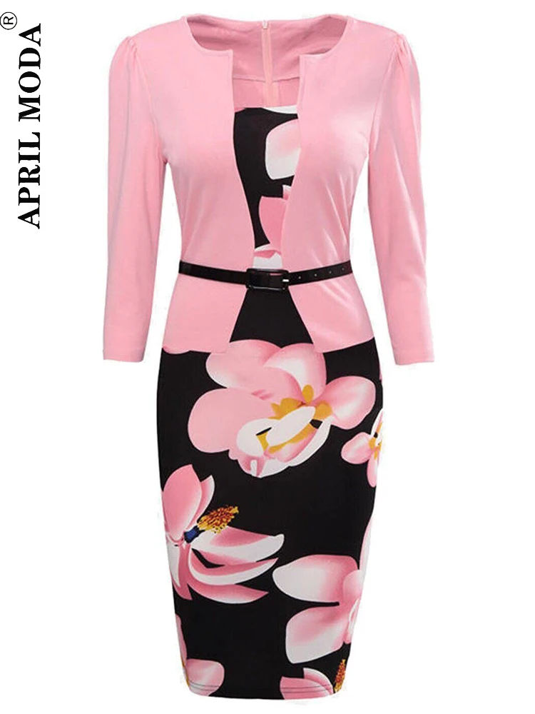 Женское облегающее платье-футляр с цветочным принтом средней длины