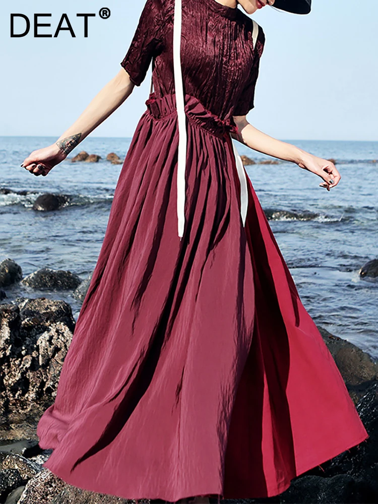 

DEAT Fashion Women's Skirt A-line Long Spliced Pleated Camisole High Waist Contrast Color Skirts Spring 2023 Trend New 17A5821