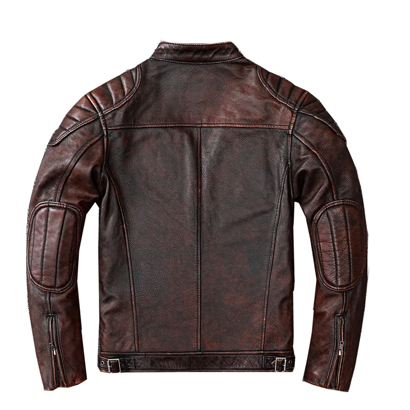 Vintage Distressed real Leather Moto Jackets Men Natural Calfskin Genuine Jacket Stand short Spring Autumn corium Coat