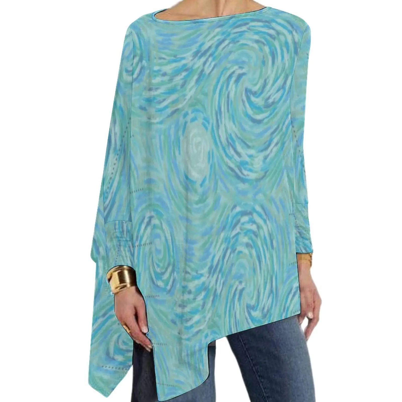 

Bright Teal Blue And Gray Swirl T-Shirt Van Gogh Vintage Long Sleeve T Shirts Female Streetwear Tshirt Oversize Print Tees