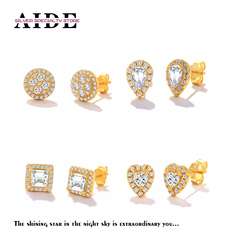 

AIDE 925 Silver Love Heart Stud Earrings For Women Piercing White Zircon Gold plating Pendientes Plata Fine Jewelry for Mom Gift