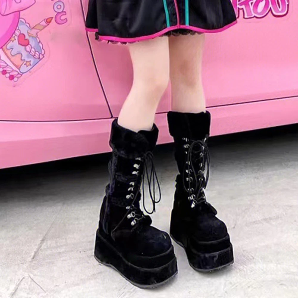 

Женские сапоги на танкетке, черные сапоги до середины икры с шерстяным мехом, на шнуровке, на платформе спереди, зимние сапоги на толстой подошве