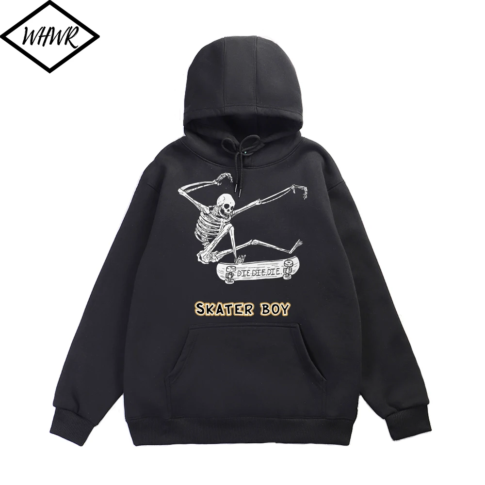 

WHWR Gothic Hoodies Skater Skeleton Boy Graphic Printed Hooded Hip Hop Streetwear Sweatshirt for Men Casual Pullover Pocket