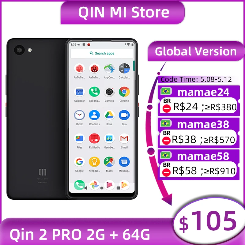 

Смартфон глобальная версия QIN 2 Pro, 2 + 64 ГБ, 5,5 '', 576*1440P, задняя камера 13 МП, Аккумулятор 2100 мАч, Android 9