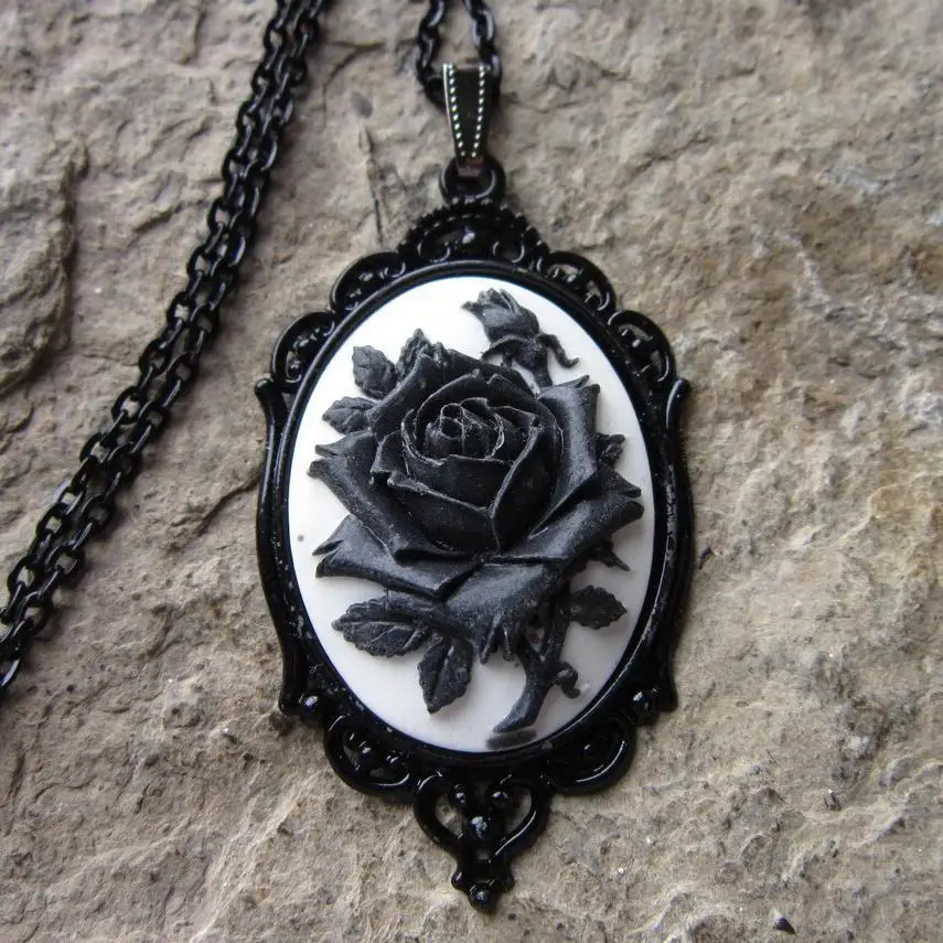 Victorian Black Rose on White or White Rose on Black Cameo Necklace - Black Setting Vintage Gothic Rose Necklace in Ornate Black