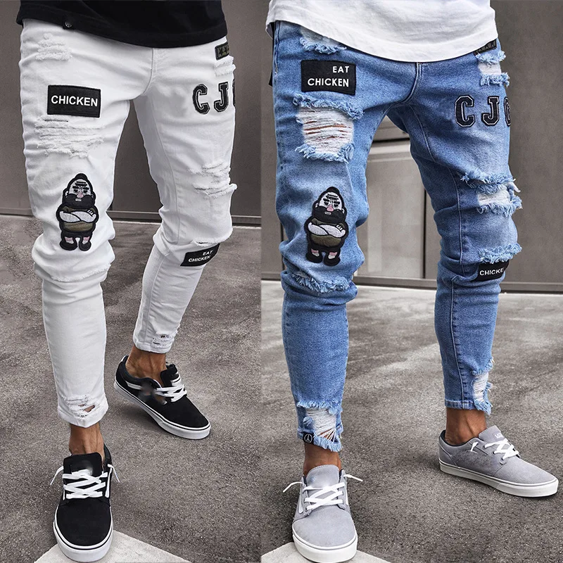 Hip Hop White Embroidery Jeans Men Cotton Stretchy Ripped Skinny Jeans High Quality Black Hole Slim Fit Oversize Denim Pants