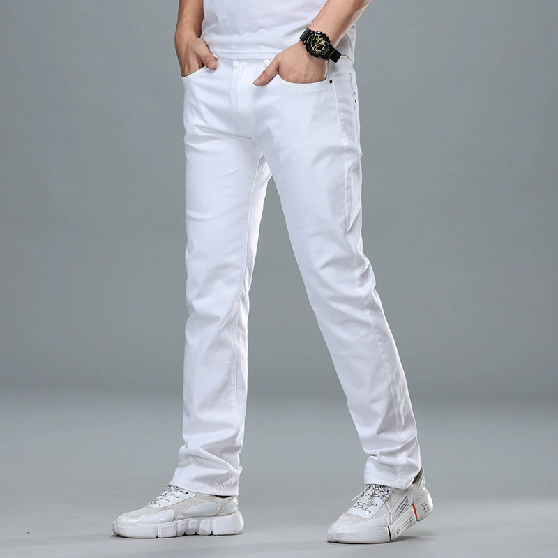 Classic Style Men's Regular Fit White Jeans Business Smart Fashion Denim Advanced Stretch Cotton Trousers Male Brand Pants,109