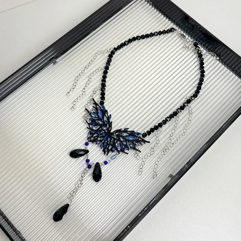 Ожерелья-бабочки Draweye Y2k для женщин винтажные кисточки темно-синие корейские