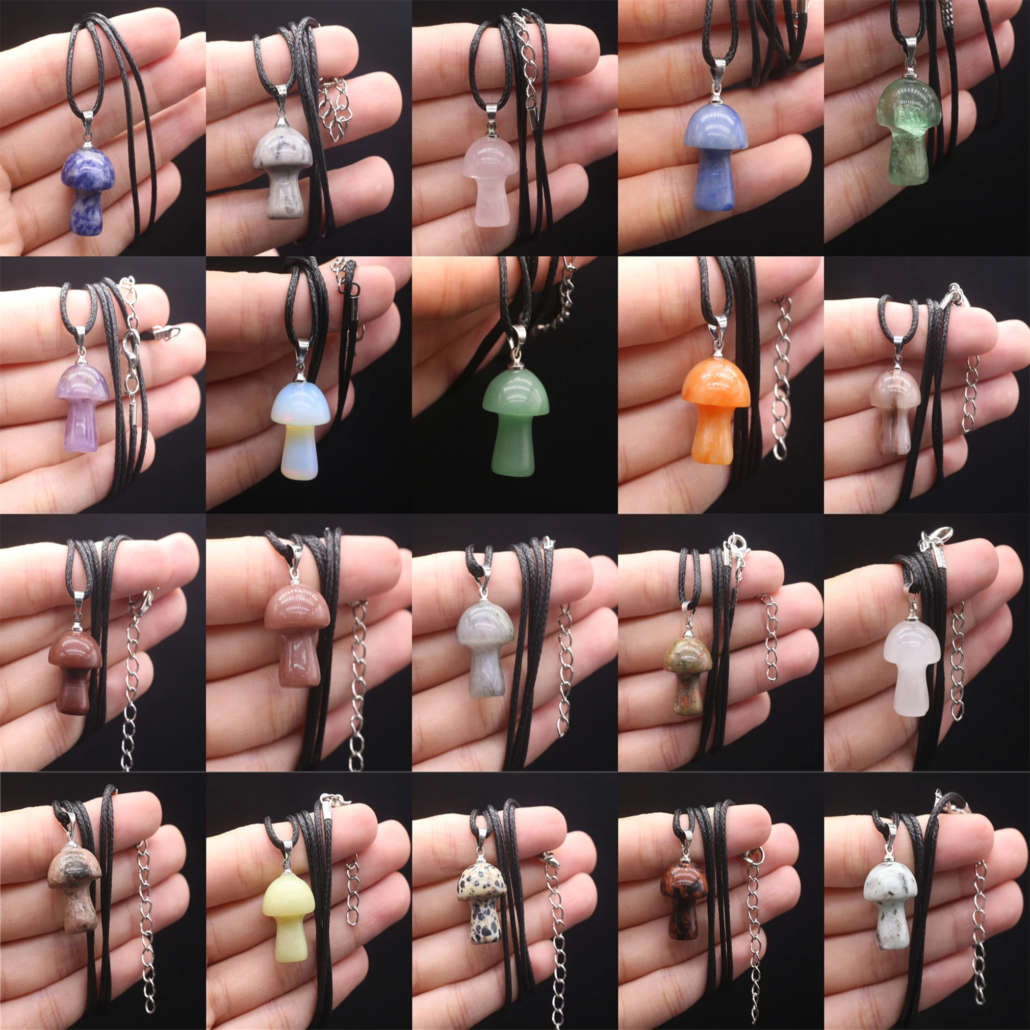 

2PC Mushroom Natural Stone Charms Crystals Rose Quartz Agate Opal Amethyst Long Rope Chains Pendant Necklaces For Women Jewelry