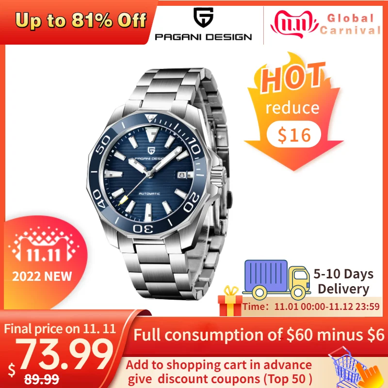 

PAGANI DESIGN Top Brand Men's Automatic Mechanical Watches NH35 Sapphire Glass 100m Waterproof Stainless Steel Relogio 2022 New