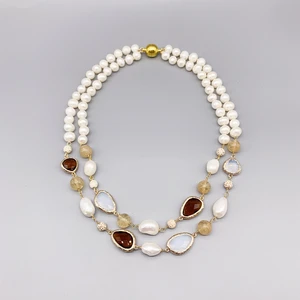 FoLisaUnique 2 Strands White Turquoise Gold Rutilated Quartz White Pearls Necklace Moonstone Potato Rice Baroque Pearl Trendy