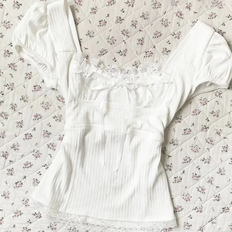 Фото Deeptown Sweet Kawaii белые футболки женские Shoujo модные кокетливые футболки с короткими рукавами и бантом корейский стиль кружевные лоскутные футболки №1