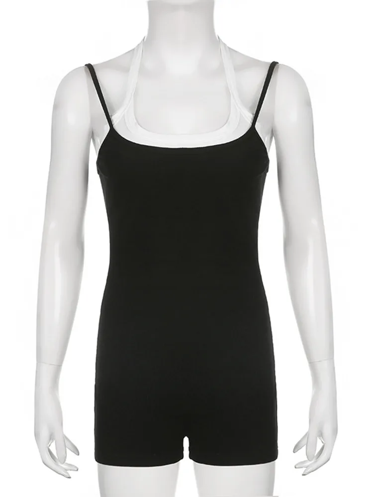 Summer Sexy Playsuit Black White Color Blocking Fake 2 Pcs Set Outfits Rompers Y2k Jumpsuit Women U-neck Straps Skinny Bodysuits images - 6