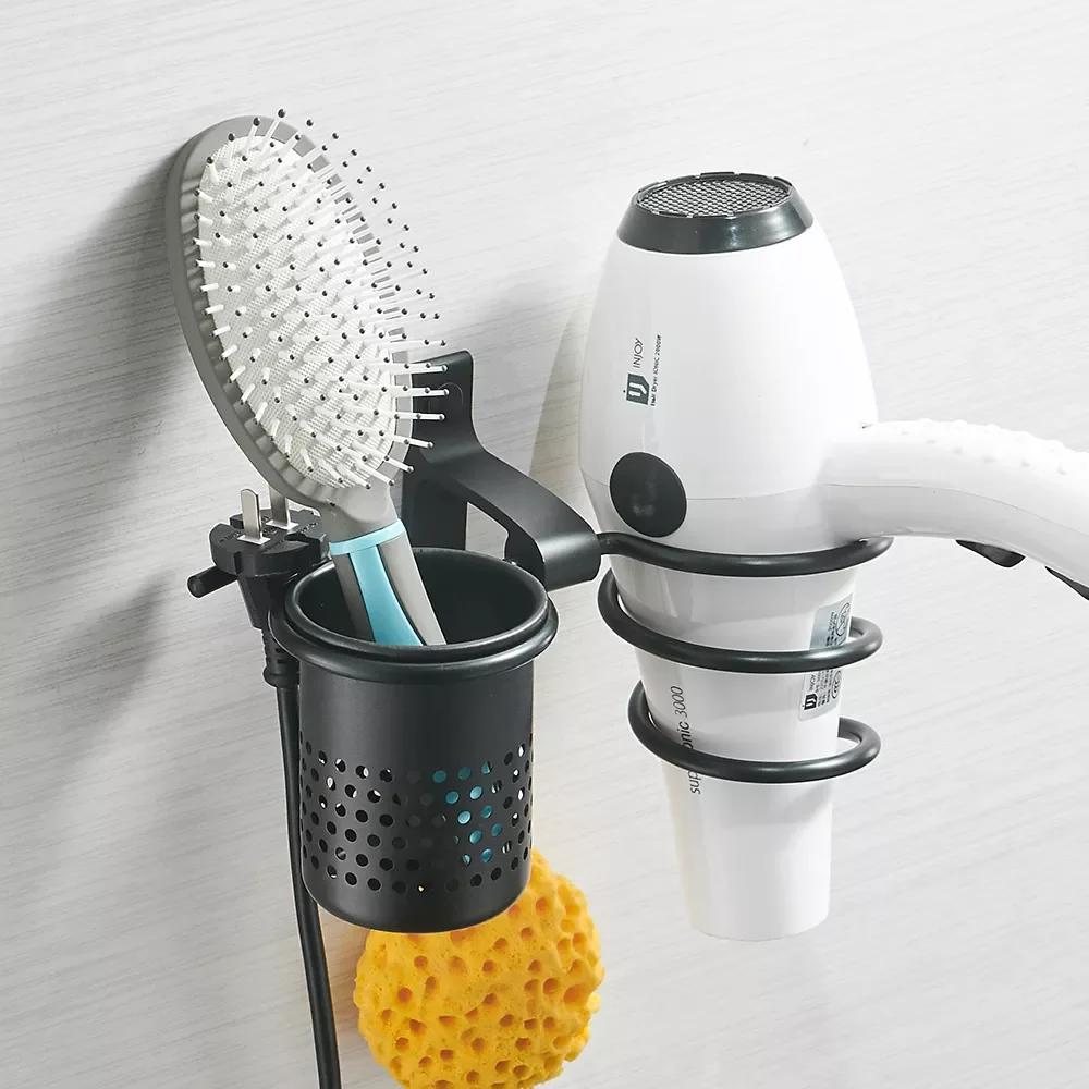 

Hair Dryer Holder With Cup Households Rack Hair Blow Dryer Shelf Metal Wall Mount Bathroom Accessories Black Hair Dryer Rack9248
