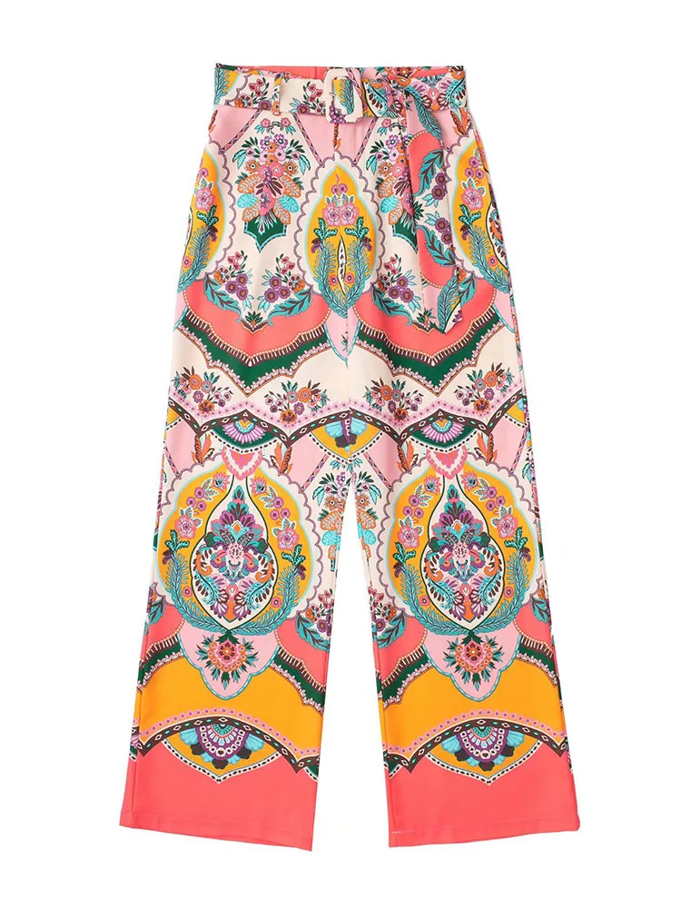 

Женские винтажные брюки DYLQFS в стиле бохо с широкими штанинами и принтом, повседневные Прямые уличные брюки для отпуска, 2022