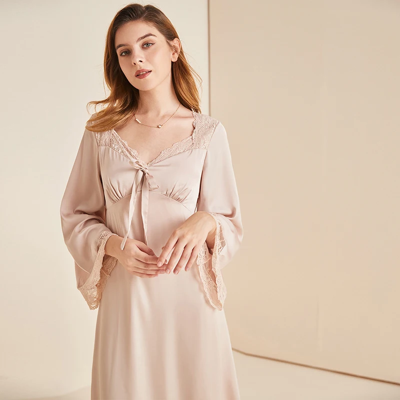 Vintage Palace Style Silky Nightdress Lace Nightgown for Women Sexy Satin Pajamas Dress Loungewear Nightwear