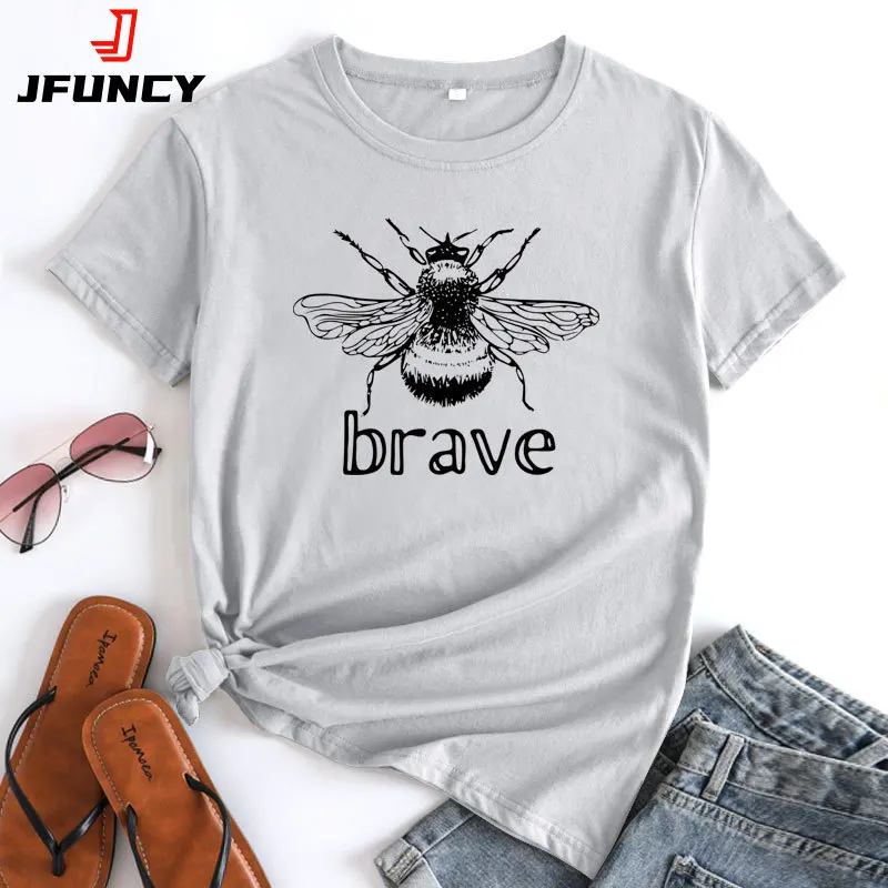 JFUNCY Women Short Sleeve T-shirt 2022 Summer Tees Woman Cotton Tshirt Female Casual Loose Tops New Fashion Bee Print Clothes
