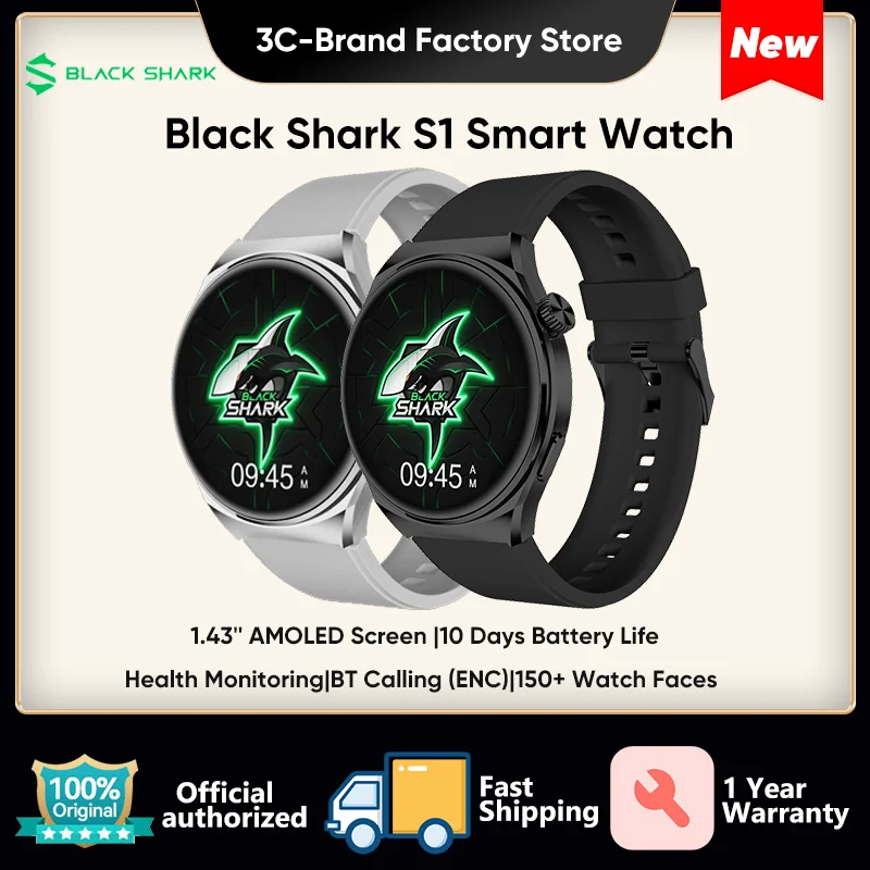 

2023 Black Shark S1 Smartwatch 1.43'' AMOLED Screen Health Monitoring Fitness Watch 10 Days Battery Life Wireless Charging