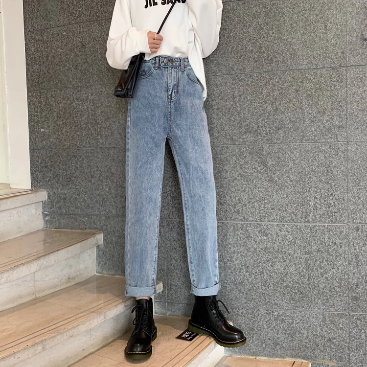 

DD1291 New High Waist Loose Straight Trousers Light Color Washed Versatile Jeans