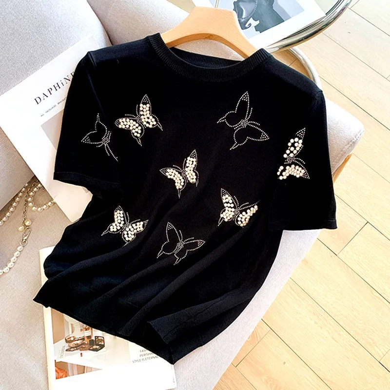 

Women Summer Pearls Beadings Knitted Blouse Short Sleeve Shinny Sequins Tees Shirts Tops Ins Nice Chic Pullovers Blouses NZ82