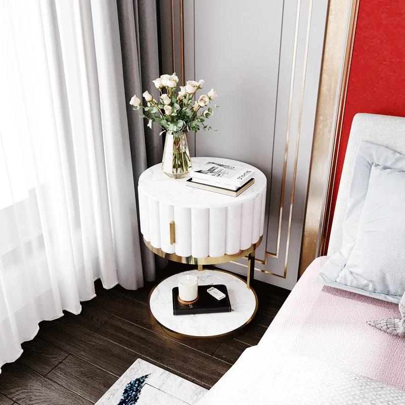 

YY Nordic Bedside Table Marble round Double Layer Bedroom Locker
