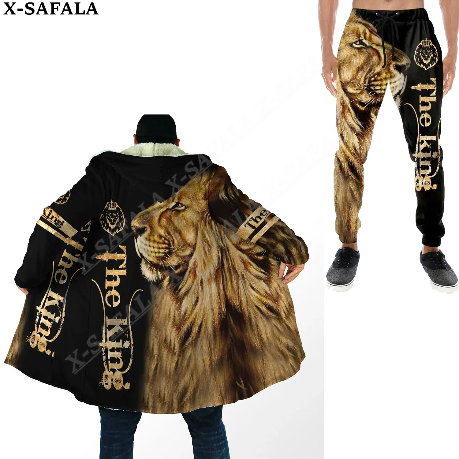 

Lion The King Viking Thick Warm Hooded Cloak Sweatpants Combo Set Overcoat Coat Windproof Fleece Unisex Long Joggers Trousers-15