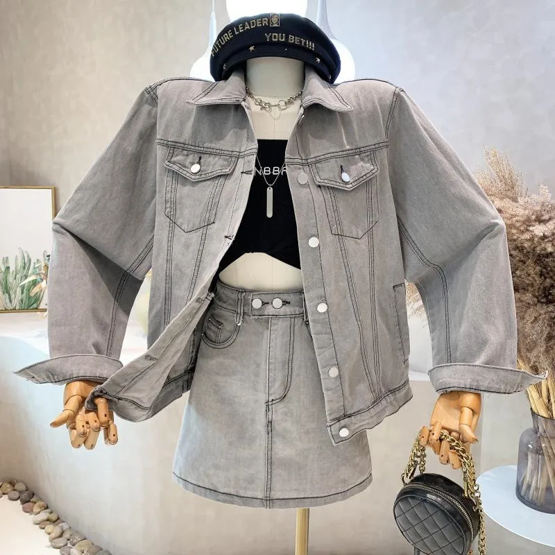 

New Women's Clothing 2022 Autumn Vintage denim Lapel long sleeve Top coat skirt two piece set