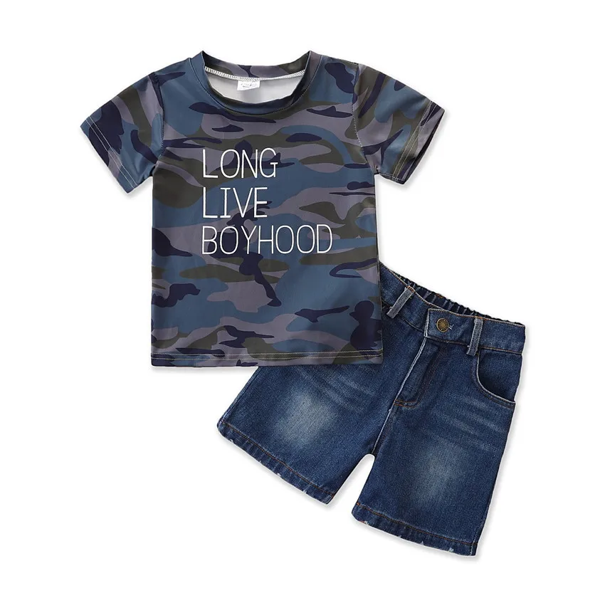 

Summer Boys Set Camo Print T-shirt + Jeans Shorts Casual Kids Suits Clothes