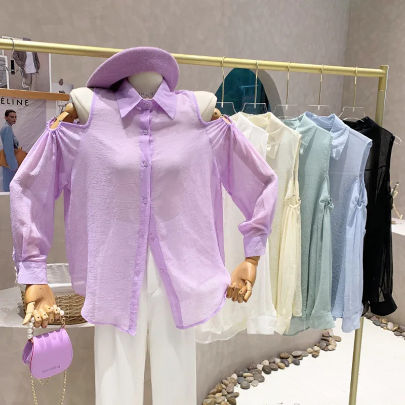 

New Women's Clothing 2022 Spring Summer Solid color off shoulder long sleeve thin chiffon shirt Sunscreen Tops